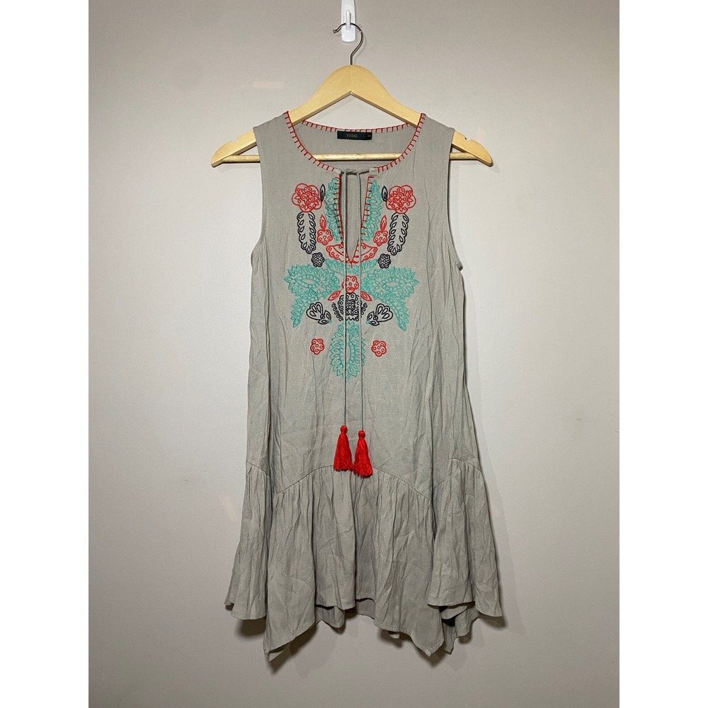 THML Embroidered Tassel Tunic Dress‎ Gray Red Teal XS Sleeveless Ruffle Boho
